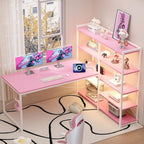 Pamray L Shaped Computer Desk with Reversible Side Storage Shelves, 49 Inch Gaming Desk with Power Outlets and Led Lights, PC Table for Home Office and Bedroom Pink