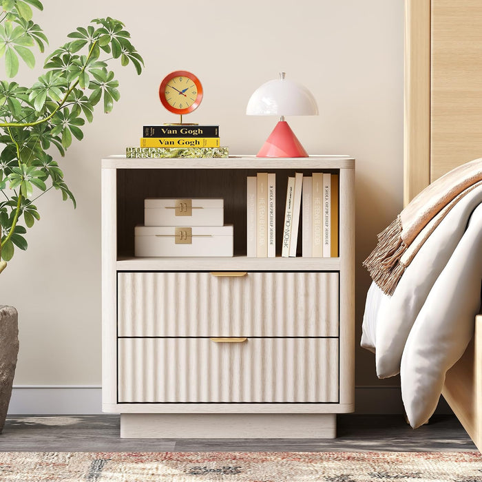 ROCSUMOO Fluted Nightstands Set of 2, Large Nightstand with Drawers and Storage Shelf - Wooden Nightstands Modern Design Night Stands for Bedroom Sofa Office (2 Pieces, Beige)