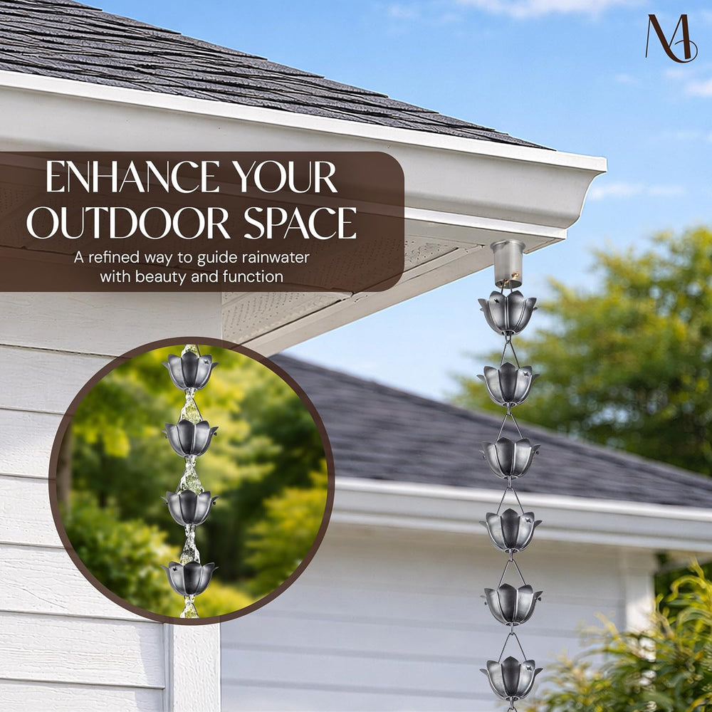 Monarch Rain Chains Aluminum Lotus Pewter Rain Chains for Gutters – 8.5 ft Pe...