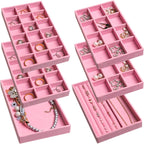 Frebeauty Jewelry Organizer Tray,Stackable Velvet Jewelry Trays,Drawer Inserts Earring Organizer For Women Jewelry Storage Display Case for Rings Stud Necklaces,Set of 6(Pink)