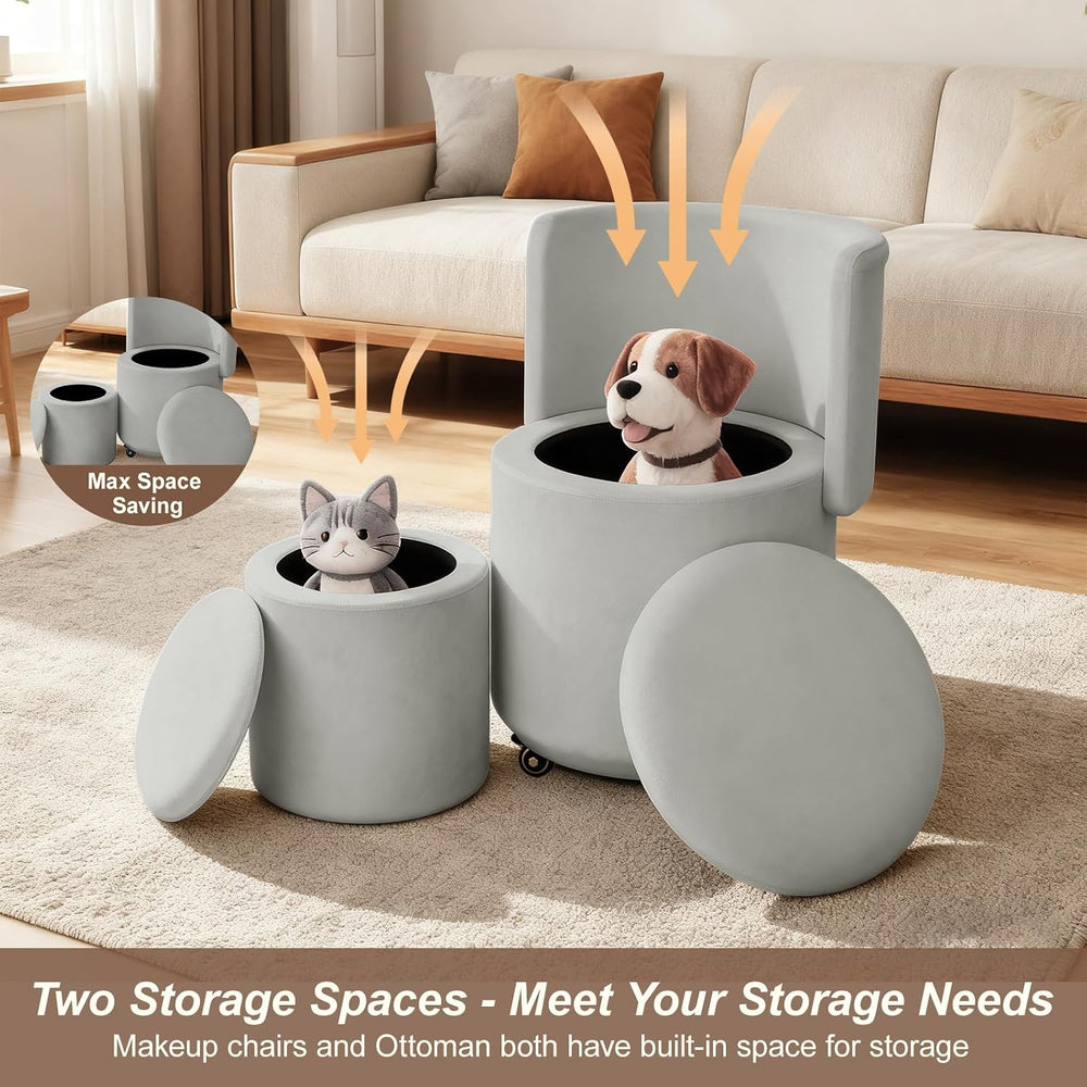 JPBSTO Rolling Round Vanity Chair with Storage, Swivel Makeup Chair with Fold...