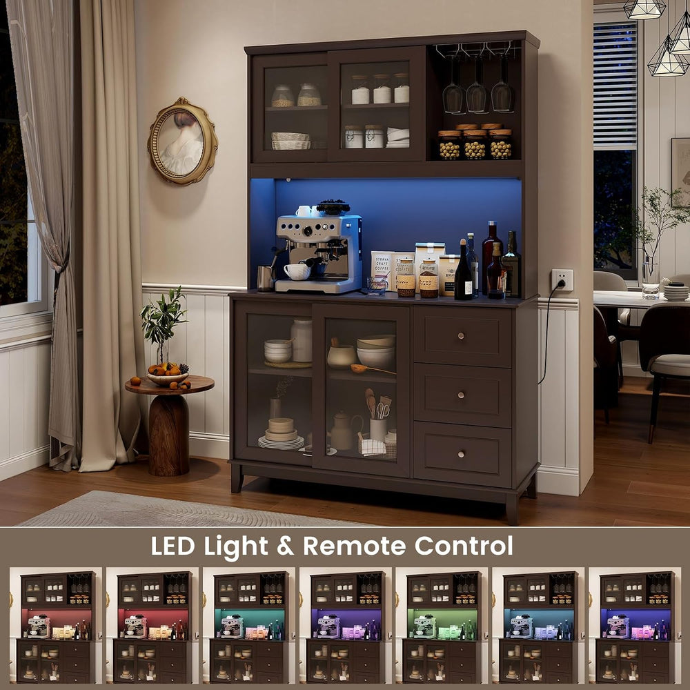 73” Kitchen Pantry Storage Cabinet, Buffet Hutch w/Power Outlets & Led Li...