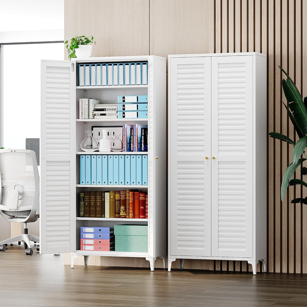 74" H Tall Kitchen Pantry Cabinet with Louvered Doors, Metal Storage Cab...