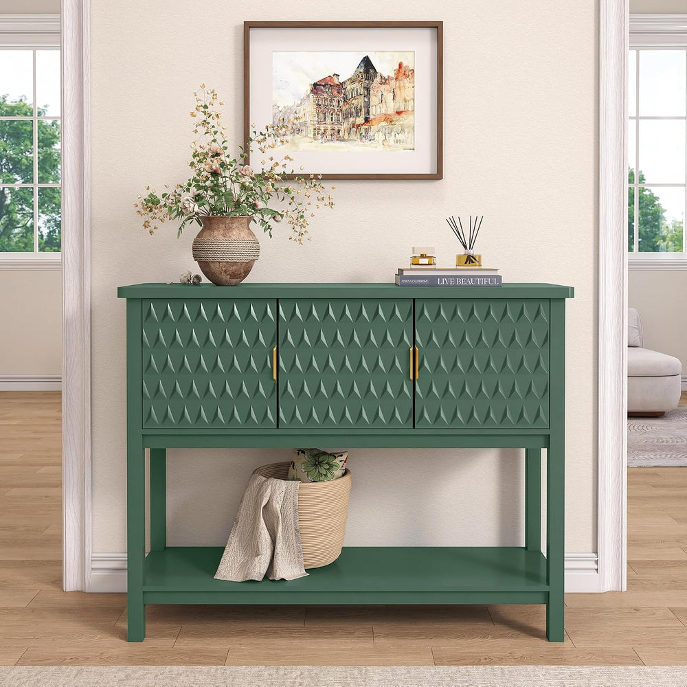 42” Modern Console Table with 3 Diamond Doors & Shelf for Entryway, Green...