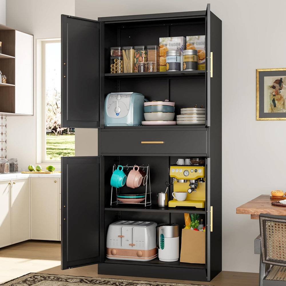 Kitchen Pantry Cabinet, 71”H Metal Storage Cabinet with 1 Drawer, Doors and 2...