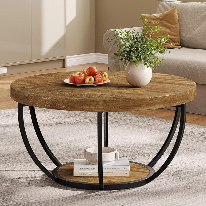 Tribesigns Round Coffee Table, 31.7" Wooden 2-Tier Circle Coffee Table with Storage Shelves, Modern Accent Cocktail Table Center Table for Living Room, Natural Wood Brown