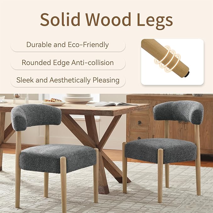 VKNOW Wooden Dining Chairs Set of 2, Modern Upholstered Dining Room Chairs with Rubberwood Legs and Curved Backrest, Fabric Kitchen Chairs for Farmhouse/Living Room/Dining Room, Black