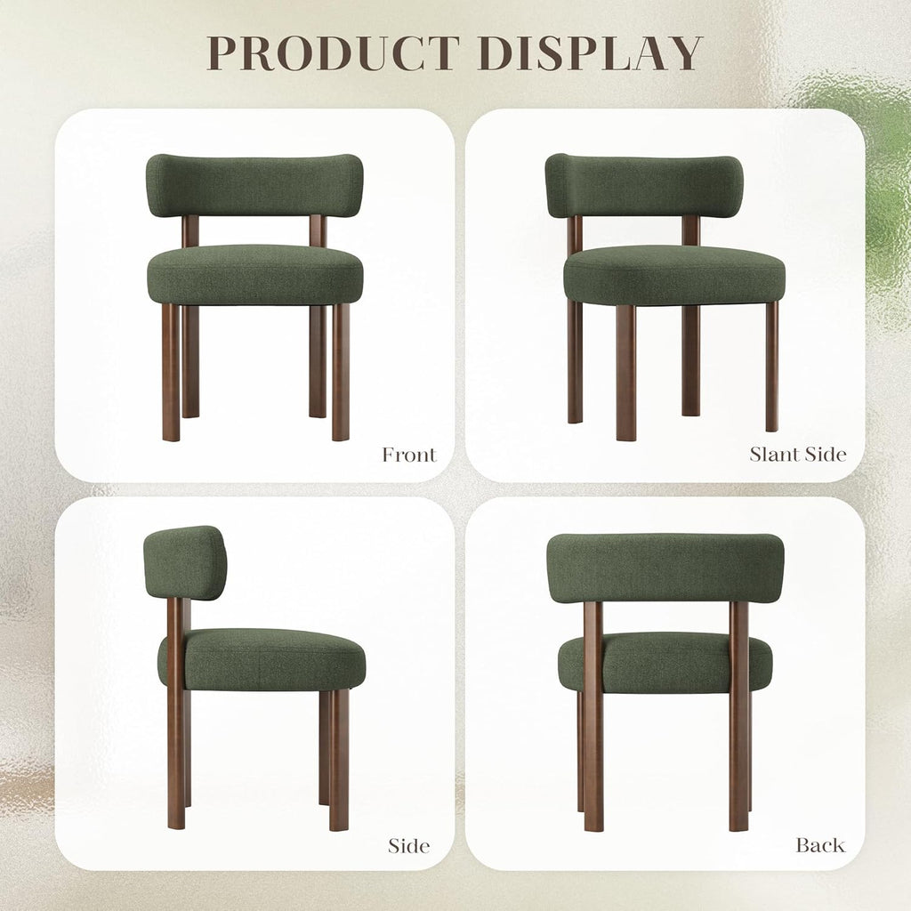 Wooden Dining Chairs Set of 2, Upholstered Kitchen Chairs with Solid Wood Legs, Mid Century Dining Room Chair with Ergonomic Curved Backrest for Kitchen Dining Vanity, Green