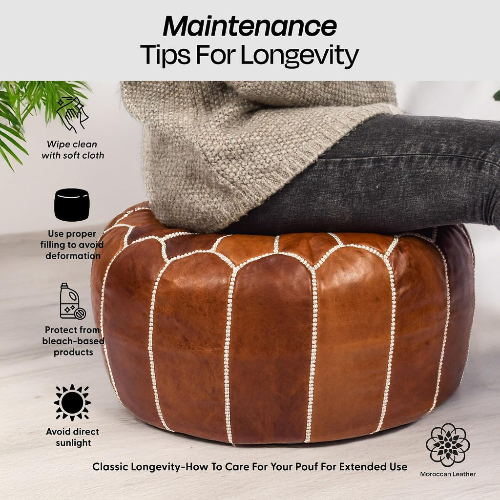 Moroccan Leather Handmade Pouf Ottoman Cover, Unstuffed Foot Stool, Round Boho Footrest for Living Room, Bedroom, Home Decor Gift (Dark Tan By White)