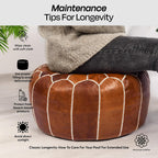 Moroccan Leather Handmade Pouf Ottoman Cover, Unstuffed Foot Stool, Round Boho Footrest for Living Room, Bedroom, Home Decor Gift (Dark Tan By White)