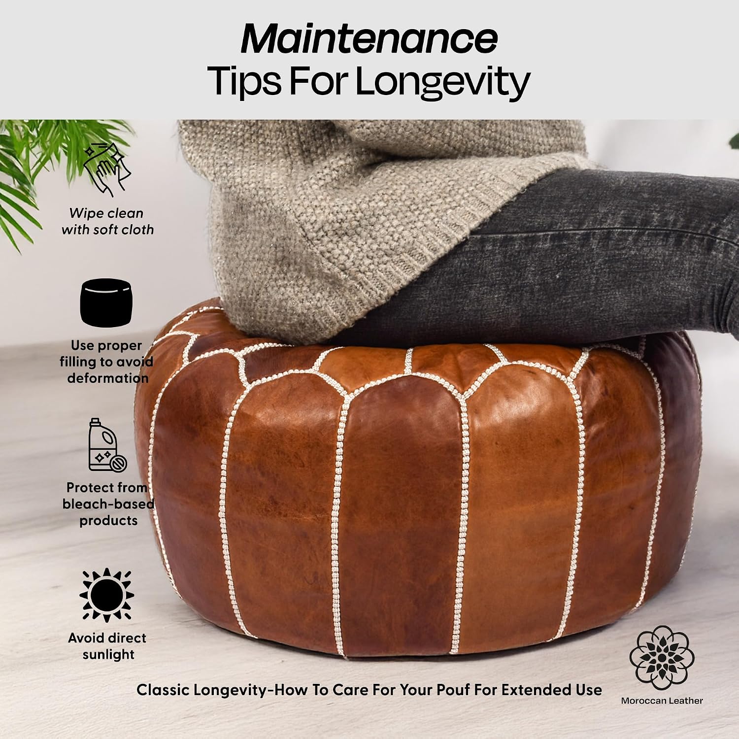 Moroccan Leather Handmade Pouf Ottoman Cover, Unstuffed Foot Stool, Round Boho Footrest for Living Room, Bedroom, Home Decor Gift (Dark Tan By White)