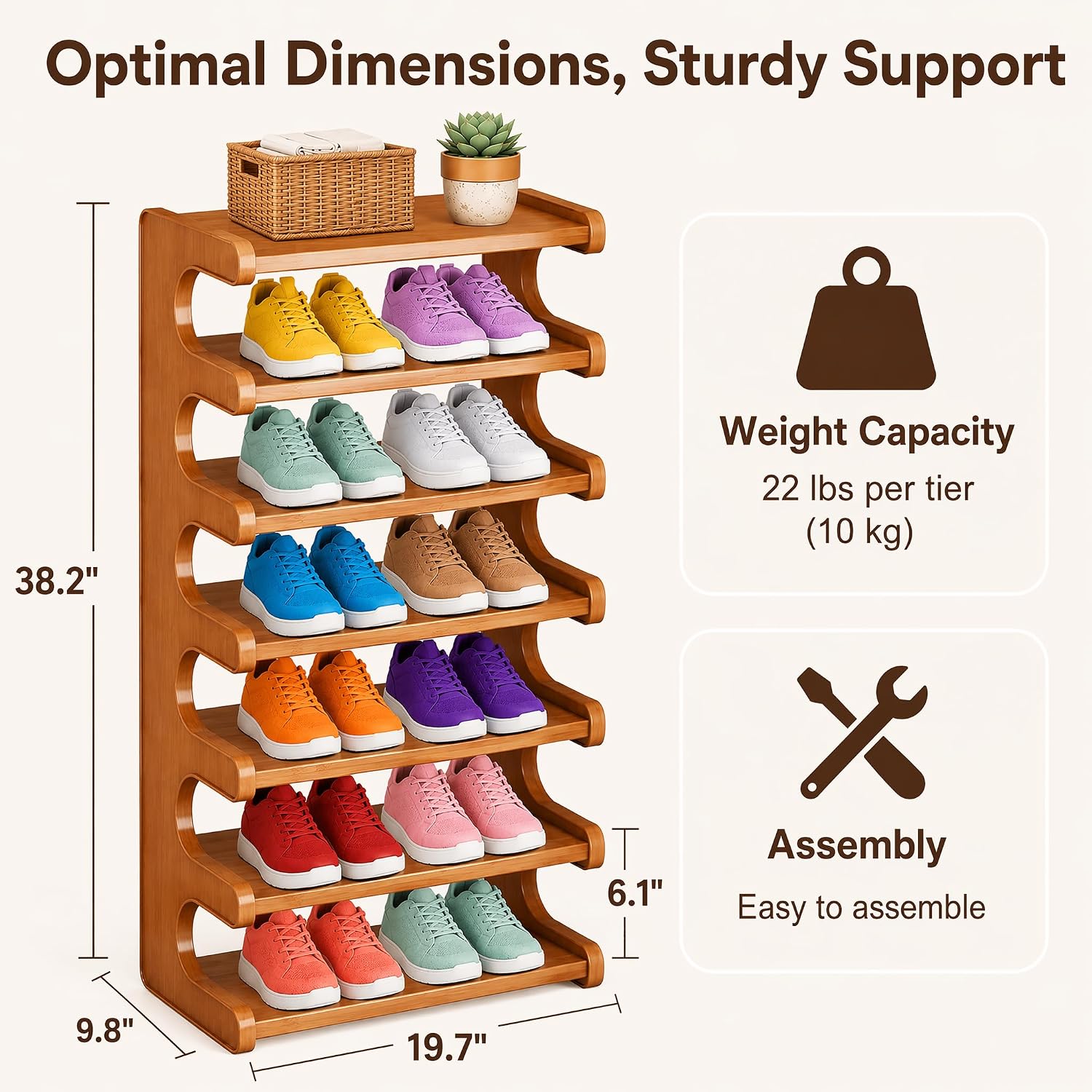 Vertical Wooden Shoe Rack Tower - 7 Tier Tall Organizer for Entryway | Freestanding Floor, Top Shelf Storage, Closet & Bedroom & Small Space Use