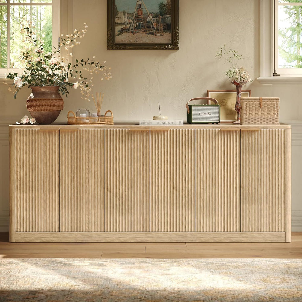 67 Inch Fluted Oak Buffet Cabinet Sideboard with 6 Doors, Large Wood Credenza...