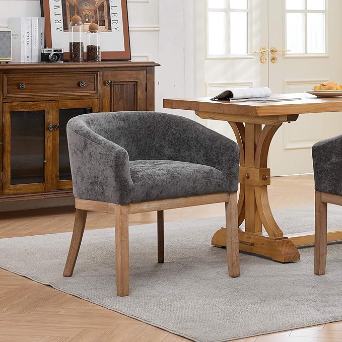 SoarFlash Mid Century Modern Upholstered Barrel Dining Chairs with Arms, Farmhouse Linen Kitchen and Dining Room Chairs, with Natural Hardwood Frame (Grey)