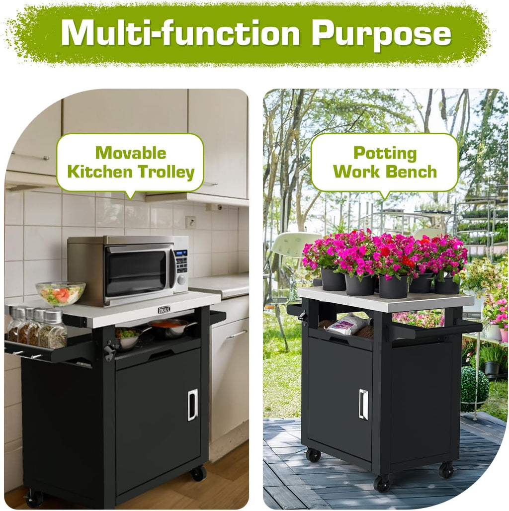 NUUK Grill Table with Storage Cabinet, Outdoor Bar Cart Pizza Oven Table with Wheels, Stainless Steel Top Kitchen Island 20" x 30" Rolling Prep Station for Indoor, BBQ, Deck, Backyard