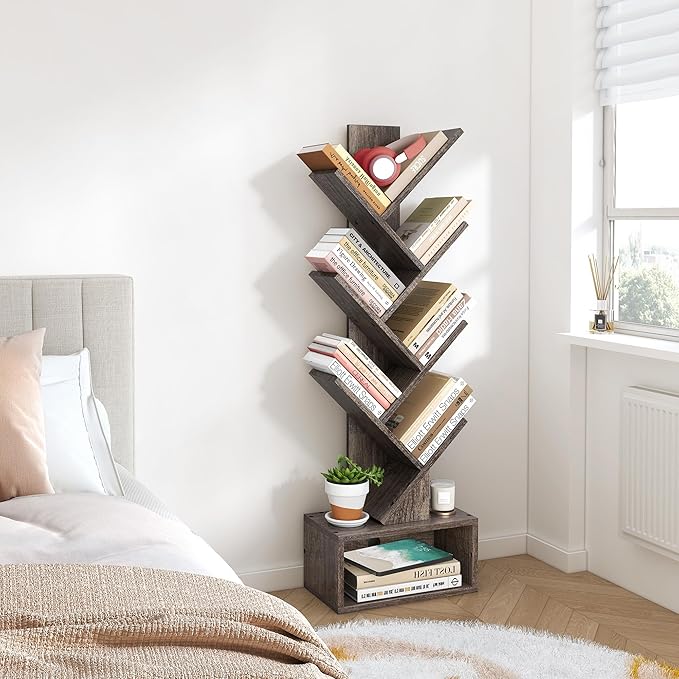 Hoctieon 6 Tier Tree Bookshelf, Tall Bookcase with Drawer, Freestanding Book Shelf, Display Floor Standing Storage Shelf, Book Organizer Shelves for Home Office, Living Room, Bedroom, Grey