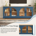 Farmhouse TV Stand with Adjustable Shelves for TVs up to 70'', Entertainment Center with Semi-Arched Glass Doors, Wood Grain Sideboard with Cable Management for Living Room, Blue