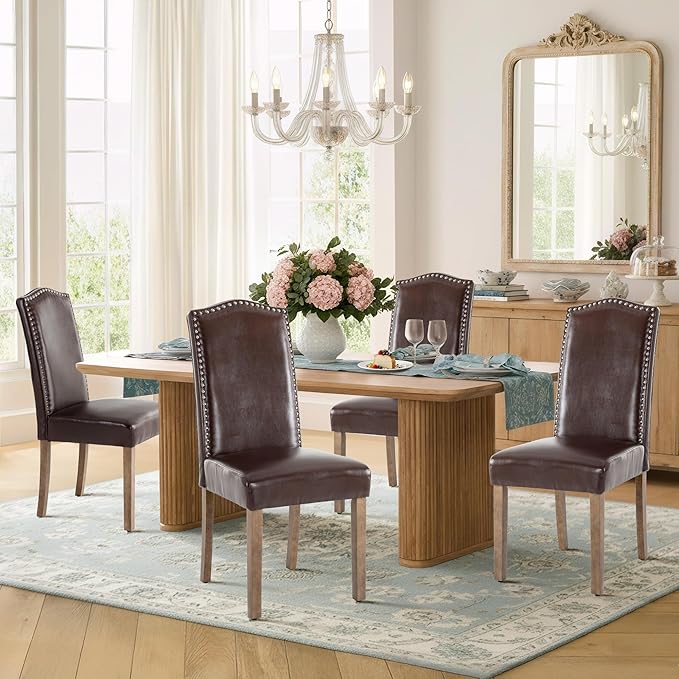 Upholstered Dining Chair Stylish Parsons Kitchen High Back with Silver Nailhead Trim & Wood Legs, 4-Pack, PU Dark Brown