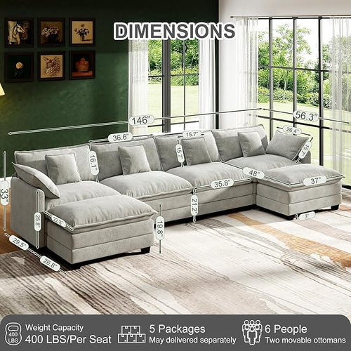 146" Cloud Couch Sectional, U Shaped Modular Sectional Sofa, 4-Seat Deep Seat Couch with 6 Removable Washable Pillows and 2 Ottoman for Living Room, Bedroom, Apartment, Light Grey