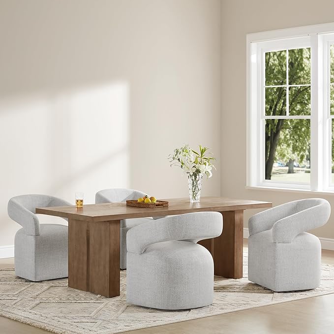 Upholstered Dining Chairs with Casters, Modern Barrel Side Armchair with Rollers for Dining Room, Bedroom, Kitchen, Reading Room, Light Gary, Set of 2
