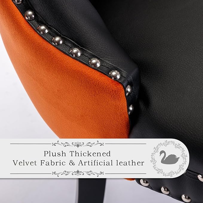 Pu Upholstered Dining Chairs Set of 4, Modern Style Kitchen Side Chairs with Nailhead Trim and Wood Leg, Metal Pulling Ring for Dining Room Living Room(Black&Orange,Set of 4)