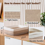 Large Shallow Organizing Baskets 15x11x5.1 Inches - Rope Woven Storage Bins for Bathroom, Shelves, Cube Closet, Gradient Brown 3 Packs