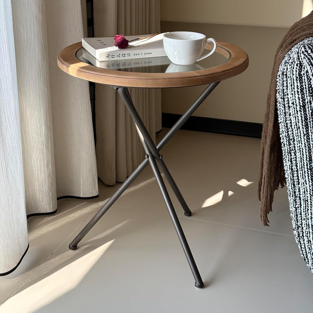 Premium Round Solid Wood Glass Top Side Table, Mid-Century Modern Industrial ...