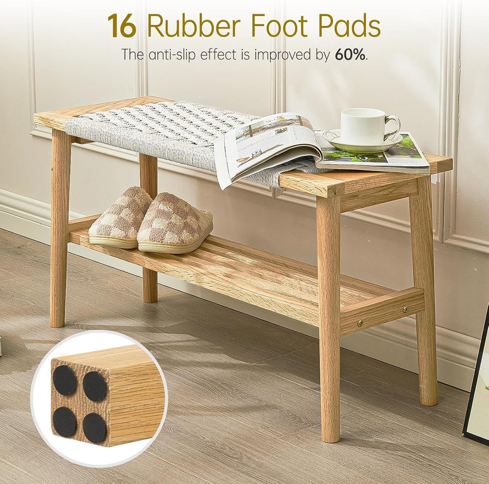 Solid Wood Narrow Bench with Storage, 33.46" Woven Bench for Entryway an...