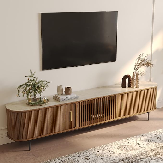 POVISON Fully-Assembled Sliding Tambour Door TV Stand, Mid Century Modern Sintered Stone TV Console, Wood Media Console for 85 Inch TV, Entertainment Center with Storage Cabinet(Walnut, 94.49")