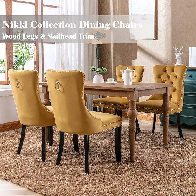 Velvet Dining Chairs Set of 6, Upholstered Dining Room Chairs with Back Ring Pull Trim and Solid Wood Legs,Tufted Wingback Kitchen Chair Perfect for Dining Room,Living Room,Kitchen(Gold)