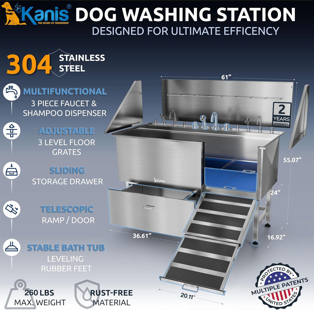 KANIS Professional Dog Washing Station - 304 Stainless Steel Pet Wash Sink & Grooming Bathtub w/Shower, Floor Grates and Storage for Large, Medium & Small Pets (61", 1 Drawer - Right Ramp)