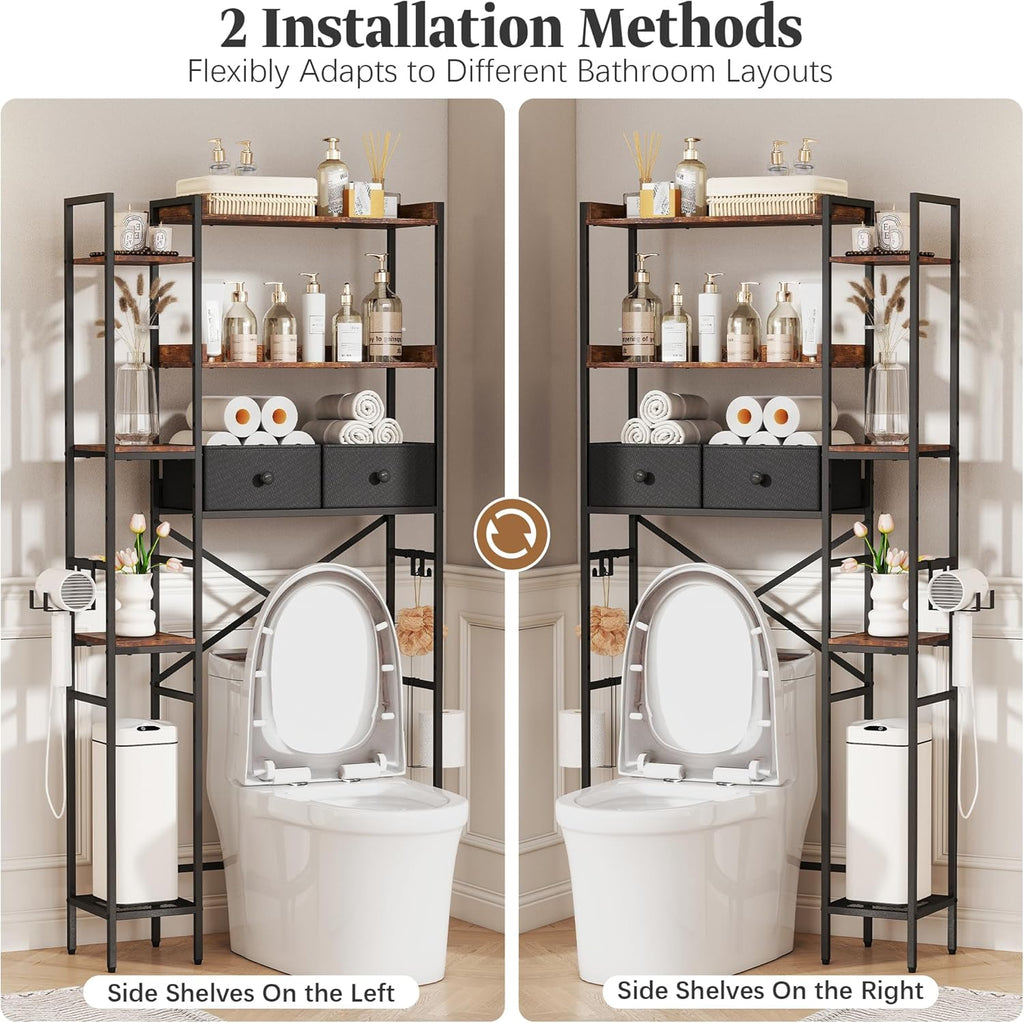 Over The Toilet Storage Shelf with Drawer, 3-Tier Above Toilet Bathroom Organizer with 4 Adjustable Side Shelves, Space Saver Freestanding Rack with Holder & Hook for Laundry Kitchen (Brown)