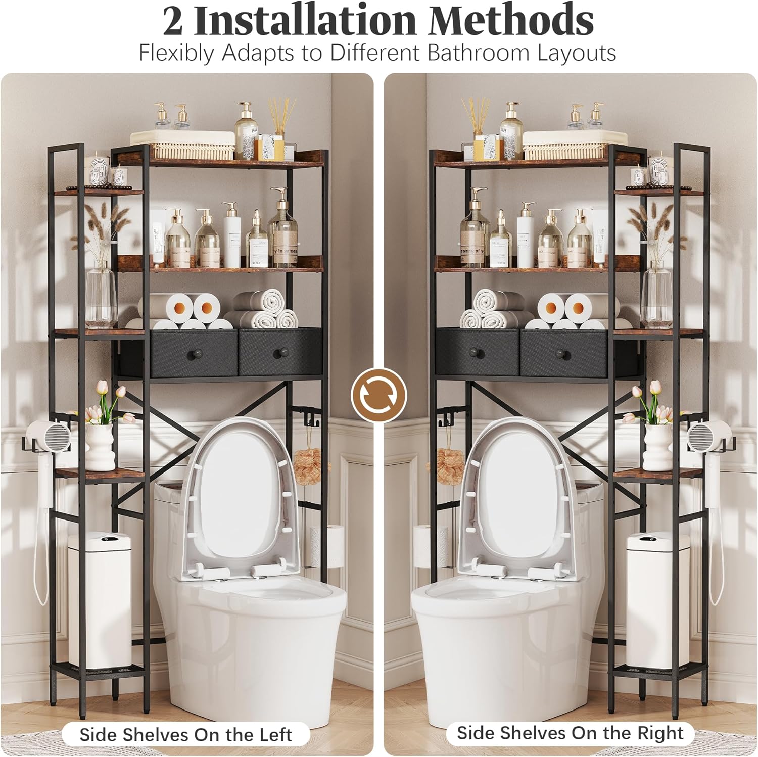 Over The Toilet Storage Shelf with Drawer, 3-Tier Above Toilet Bathroom Organizer with 4 Adjustable Side Shelves, Space Saver Freestanding Rack with Holder & Hook for Laundry Kitchen (Brown)