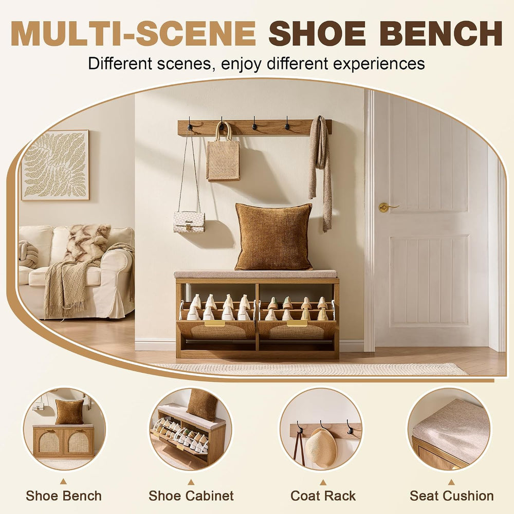 Rattan Narrow Entryway Bench with Shoe Storage, 2 Flip Drawers & Coat Rac...