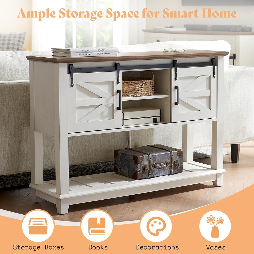 AMERLIFE Living Room Table Set of 5 with 59" TV Stand, Rustic White | Fa...