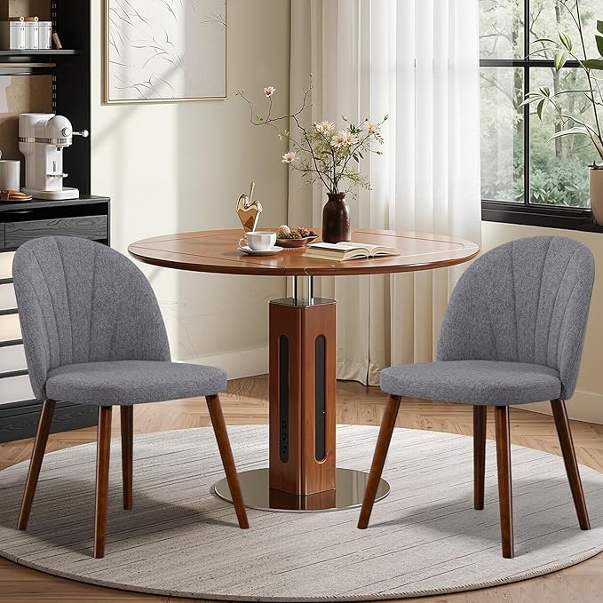 Fabric Dining Chairs Set of 2, Upholstered Mid Century Modern Dining Chairs, Armless Accent Chair with Walnut Wood Legs for Kitchen, Living Room, Dining Room, Grey