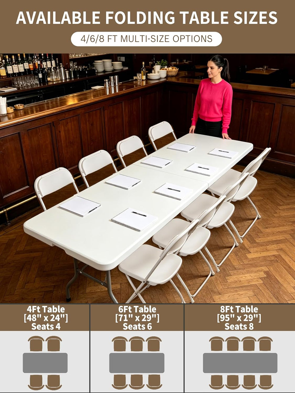 8ft Folding Table, Heavy Duty White Large Portable Foldable Table | Plastic 8...