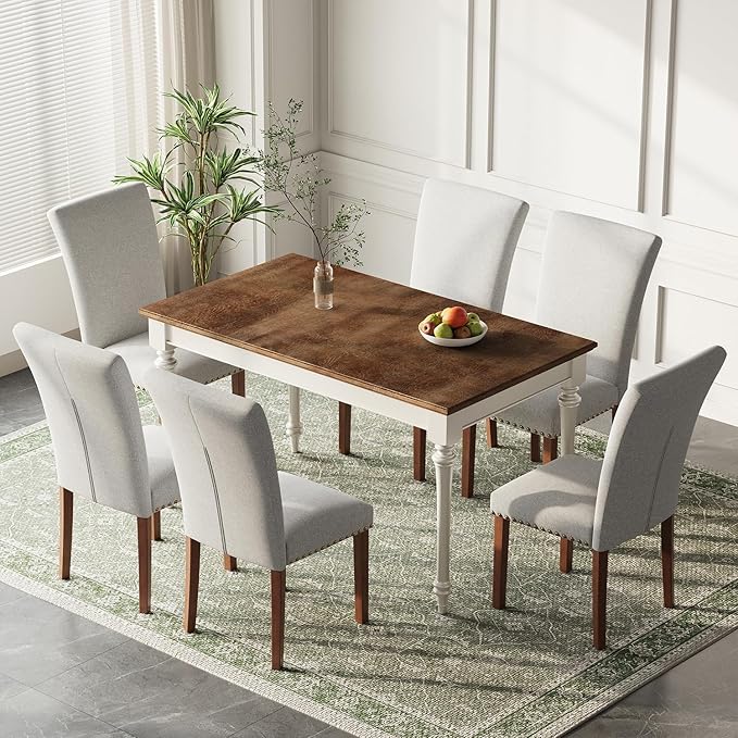 Stylish Dining Chairs Set of 6, Upholstered Parsons Dining Room Chair with Nailhead Trim, Kitchen Room Chair with Thick Cushions and Wood Legs, Nailhead Trim, Light Grey