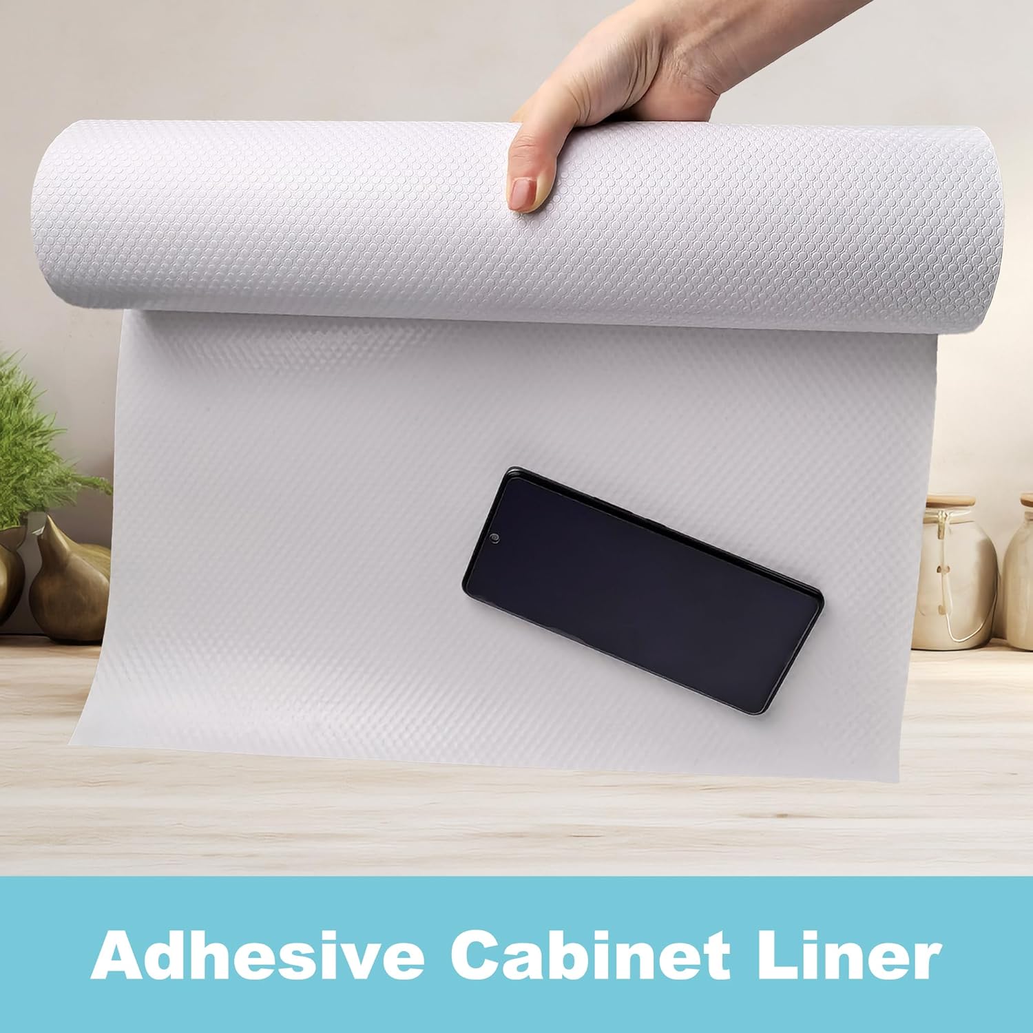 PABUSIOR Self-Adhesive Kitchen Cabinet Liner: 17.7 Inch x 145.5 Inch White Drawer Mat - Easy to Cut Waterproof Non-Slip Shelf Liner for Pantry Shelving