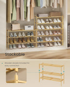 SONGMICS Bamboo Shoe Rack for Closet, Stackable Shoe Oragnizer with Modular Structure, Space-Saving Free Standing Shelf for Entryway Bedroom, 3-Tier, Holds 12-16 Pairs, Natural Color ULBS053YL01