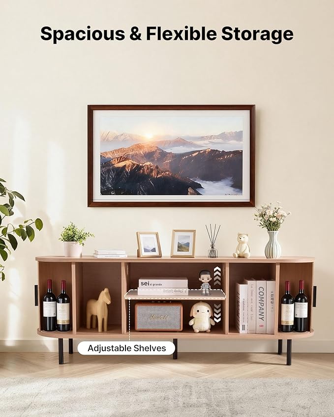 VEVOR Fluted TV Stand for TVs up to 65 inch, Mid-Century Modern Entertainment Center, Media Console with Storage Cabinet and Sliding Tambour Door, Boho Television Stand for Living Room, Bedroom, Oak