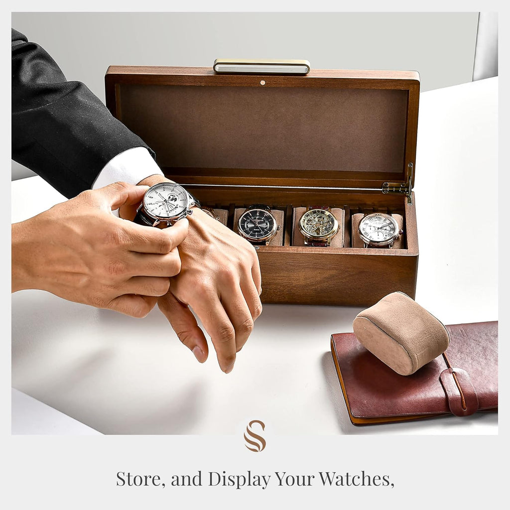 Shanik Wooden Watch Box for Men – 5 Slot Storage Case with Velvet Pillows, Natural Acacia Wood Organizer for Large Watches, Luxury Gift for Him
