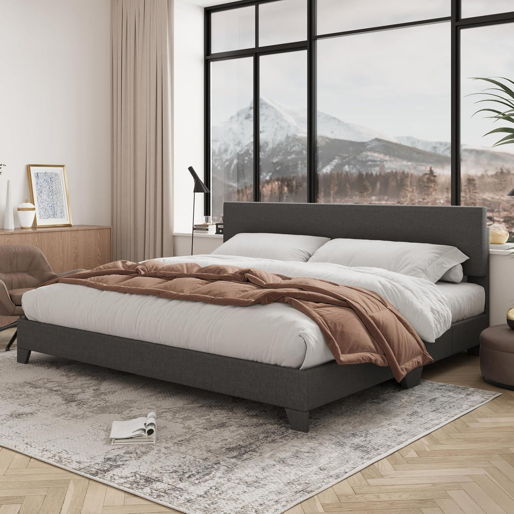 Allewie King Size Upholstered Bed Frame Adjustable Headboard, Dark Grey