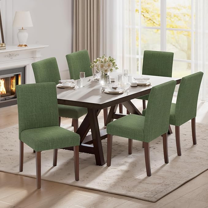 Upholstered Parsons Dining Chairs Set of 6, Modern Dining Room Chairs with Back, Fabric Kitchen Side Chairs with Wood Legs for Dinner Farmhouse Restaurant, Green