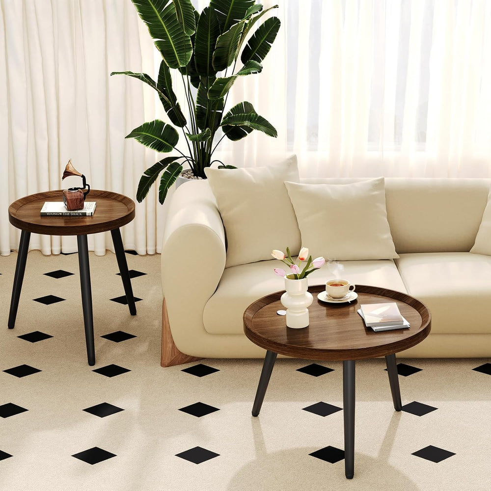 2PCS Small Round Coffee Table Set, Walnut Mid Century Modern Nesting Tables |...