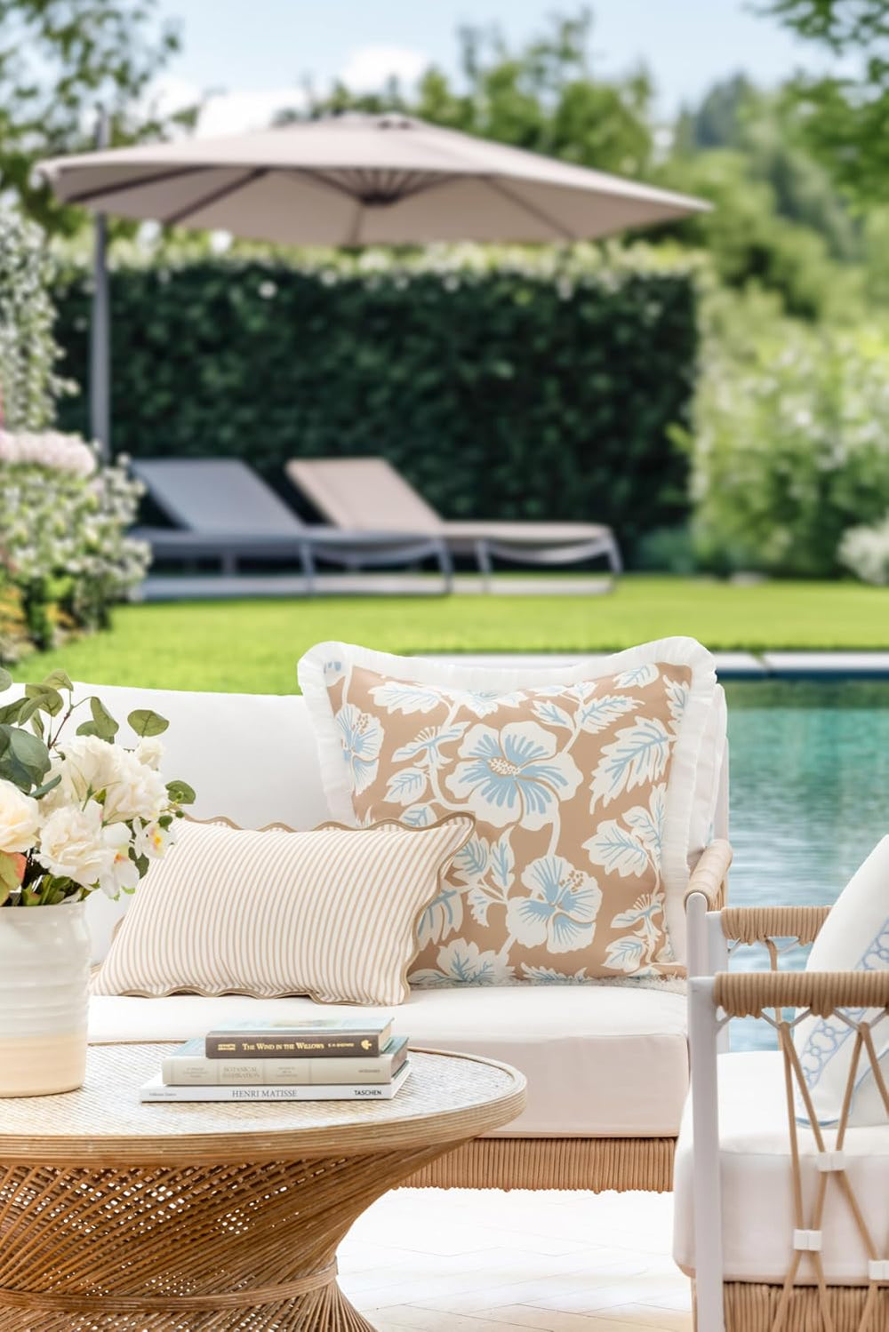 Hofdeco Premium Coastal Patio Indoor Outdoor Scalloped Lumbar Pillow Cover On...