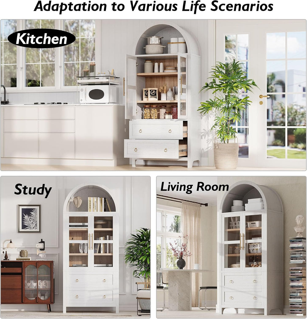 Tall Arched Cabinet with Glass Doors, Wood Kitchen Pantry & Arch Bookcase...