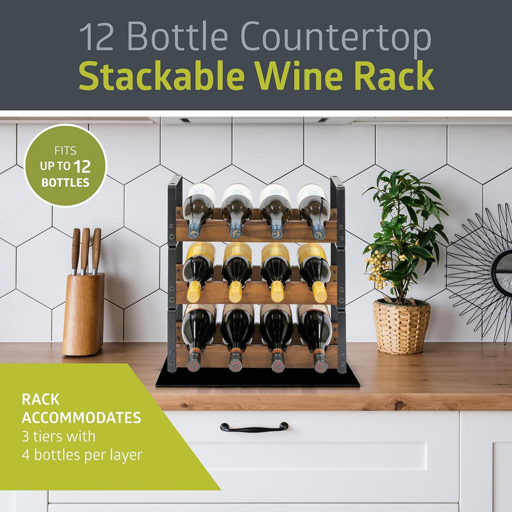 Pearington 12 Bottle Stackable Wine Rack, Rustic 3-Tier Solid Acacia Wood and Iron Wine Bottle Holder, Free Standing Countertop Liquor Display Shelf, 17" x 7.2" x 16.5"
