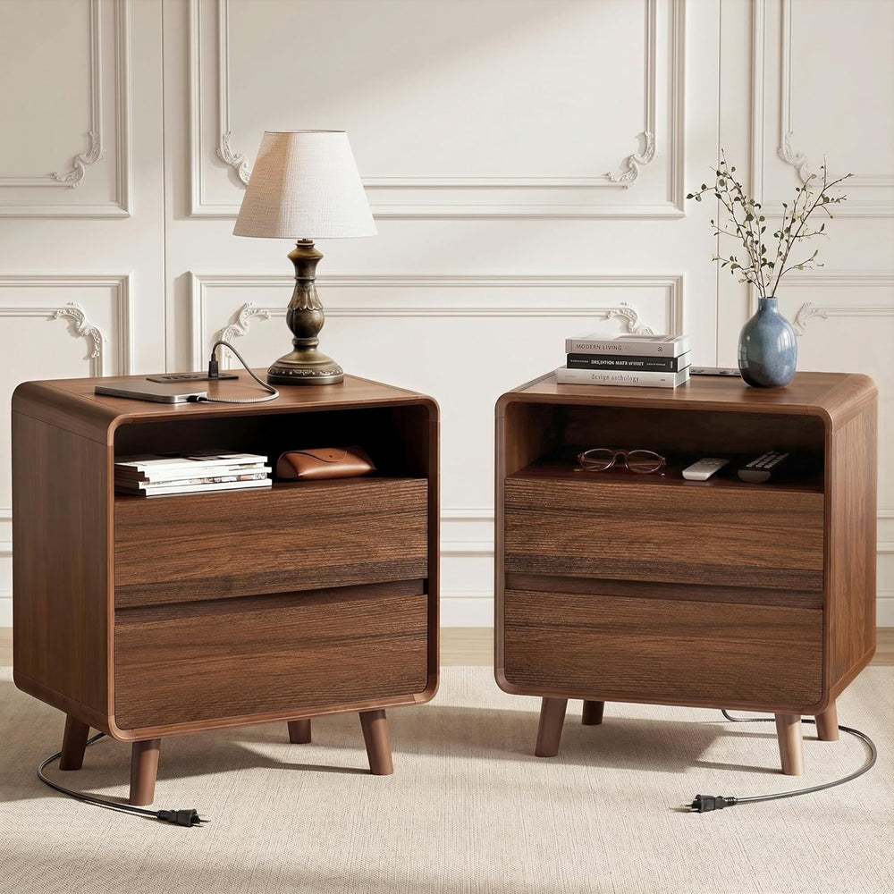 Nasonet Mid Century Modern Nightstand with Charging Station, Wood Bedroom End...