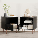 Black Night Stand Set 2,Modern Bedside Table with Door and Open Storage,Fluted Nightstand and Wood End Side Table with Rose Gold Metal Legs and Handles for Bedroom,Living Room,Black